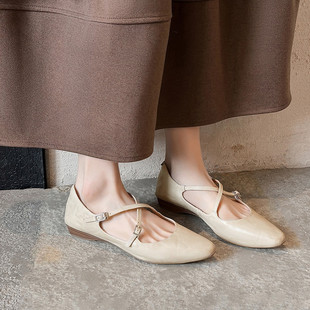 温柔淑女平跟真皮单鞋 女 交叉带显瘦新中式 2cm设计感文艺复古时尚