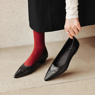 3cm法式单鞋浅口尖头低跟时尚小皮鞋懒人鞋棕色复古羊皮一脚蹬女