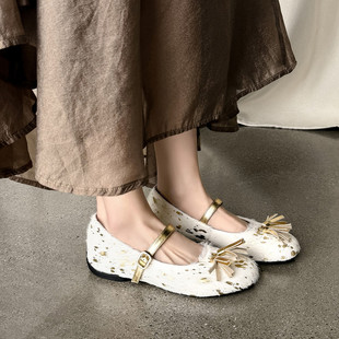 3cm小众不撞款法式真皮内增高玛丽珍鞋时尚一字扣带豹纹芭蕾舞鞋