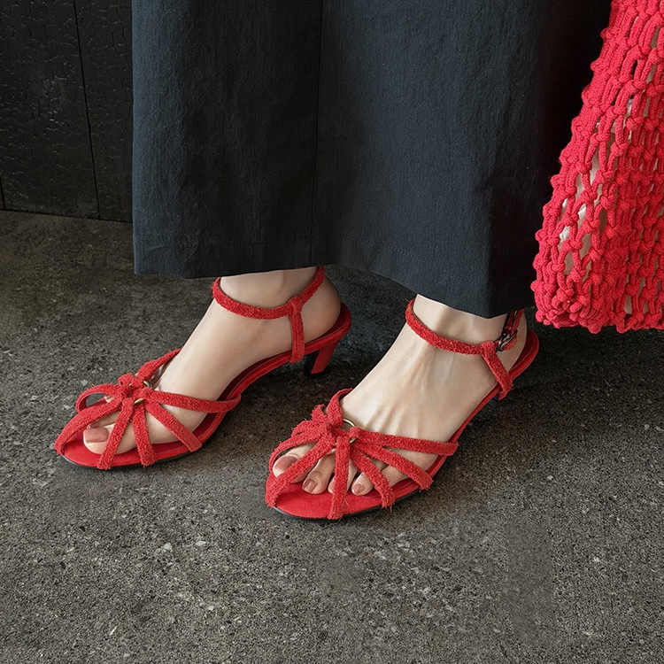 5cm头层牛皮法式包头凉鞋女文艺风编织时尚凉鞋细跟真皮高跟凉鞋