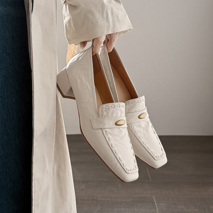 3.5cm头层羊皮粗跟乐福鞋女2026新款方头时尚金属扣一脚蹬通勤鞋,女鞋,深口单鞋,淘宝优惠券,粉丝福利购,淘宝优惠卷