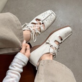 4cm真皮方头玛丽珍鞋 镂空 交叉绑带浅口内增高单鞋 女2026春季 新款