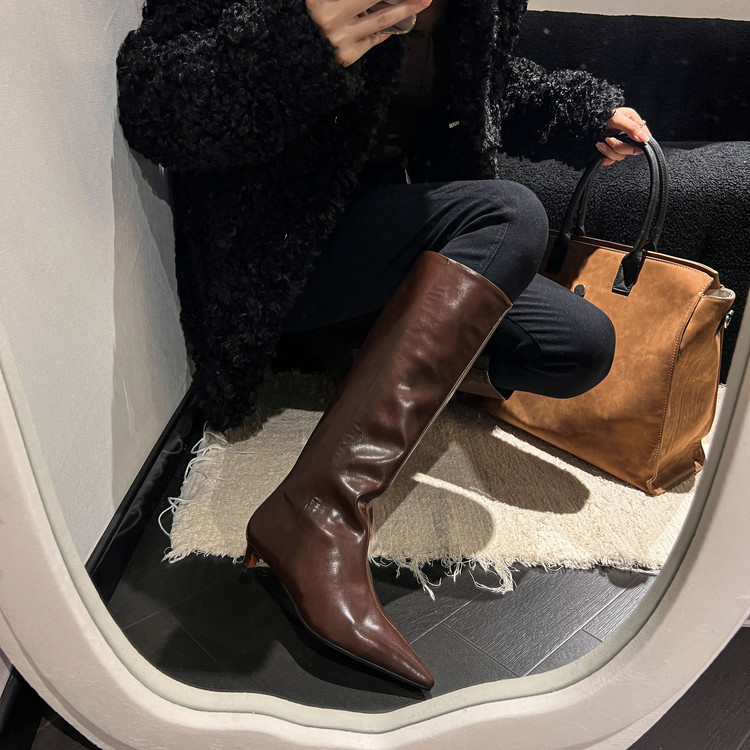 法式尖头小猫跟直筒骑士靴