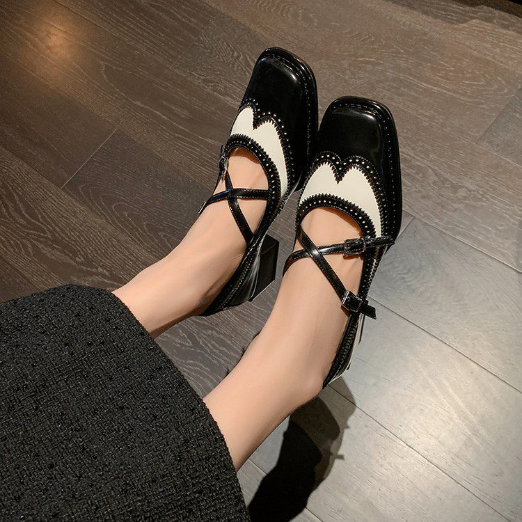 里外全真皮鞋子女复古拼色镂空