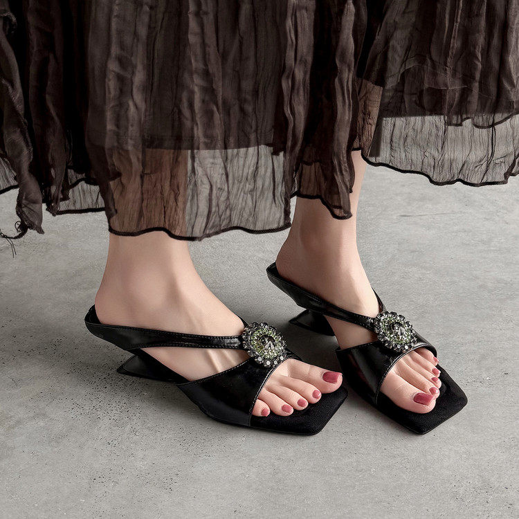 5cm法式方头水钻露趾凉鞋异型跟夏外穿百搭一字拖时尚高跟凉鞋女
