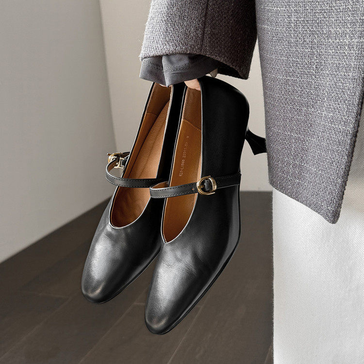 5.5cm韩系头层牛皮圆头玛丽珍鞋浅口一字扣细跟舒适百搭真皮单鞋,女鞋,浅口单鞋,淘宝优惠券,粉丝福利购,淘宝优惠卷