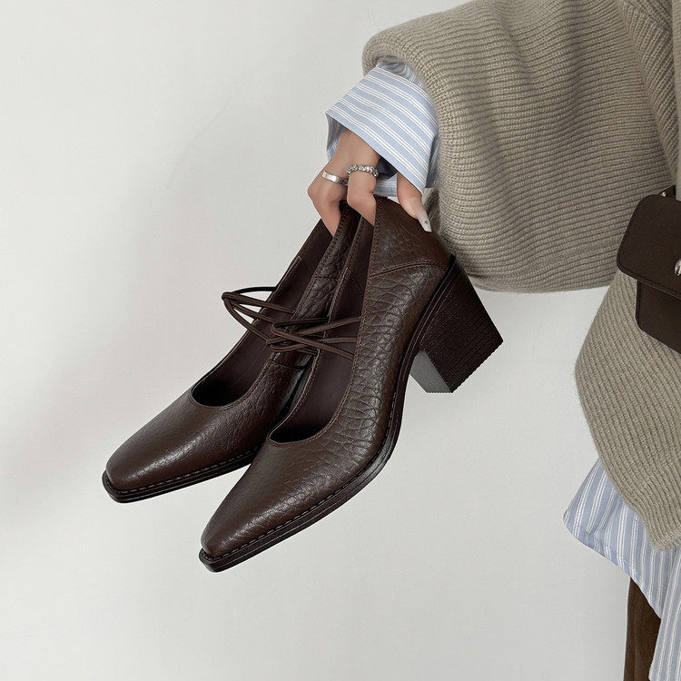 7cm真皮法式复古交叉带玛丽珍鞋女方头粗跟通勤高跟优雅浅口单鞋,女鞋,浅口单鞋,淘宝优惠券,粉丝福利购,淘宝优惠卷