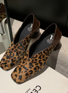 粗跟真皮豹纹V口奶奶鞋通勤方头一脚蹬小皮鞋异形跟高跟鞋女单鞋