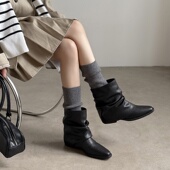 4cm新款 圆头粗跟短靴女马丁靴法式 气质短筒弹力瘦瘦靴西部靴