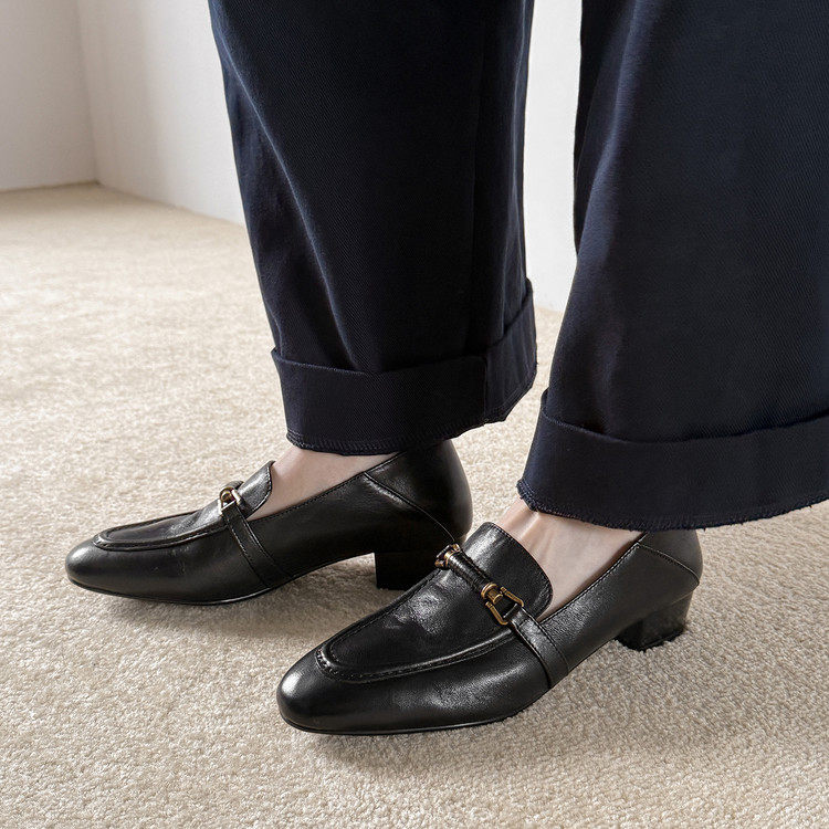 3.3cm低跟女鞋英伦复古真皮乐福鞋女金属扣一脚蹬小皮鞋百搭单鞋,女鞋,深口单鞋,淘宝优惠券,粉丝福利购,淘宝优惠卷