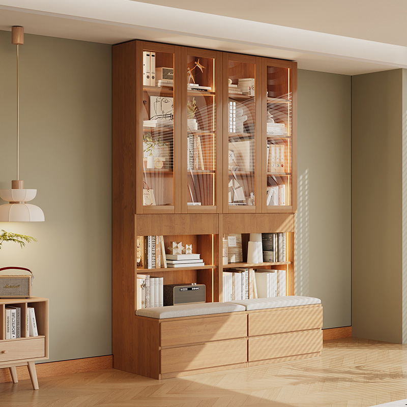 ENF级全实木卡座式书架带玻璃门落地客厅整墙书柜储物柜置物柜