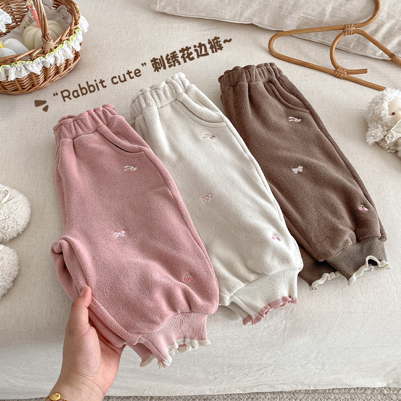 女童双面奥粒绒卫裤2025冬季新款宝宝加厚刺绣卡通休闲裤儿童裤子