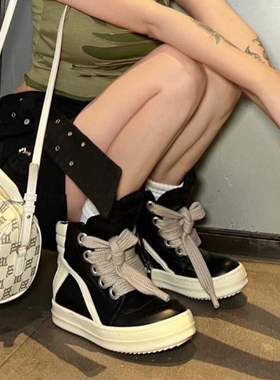 RO倒三角高帮鞋休闲马丁靴男暗黑风宽鞋带厚底板鞋增高奶香短靴女