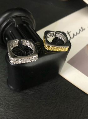 925银唐草纹镀金方形戒指
