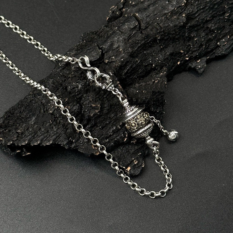 925纯银藏式八宝转动筒O字链项链手链女复古时尚小众轻奢百搭套装