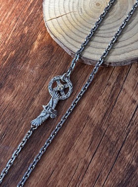 S925纯银复古老鹰太角项链男女个性唐草纹轮盘百搭毛衣链套链礼物