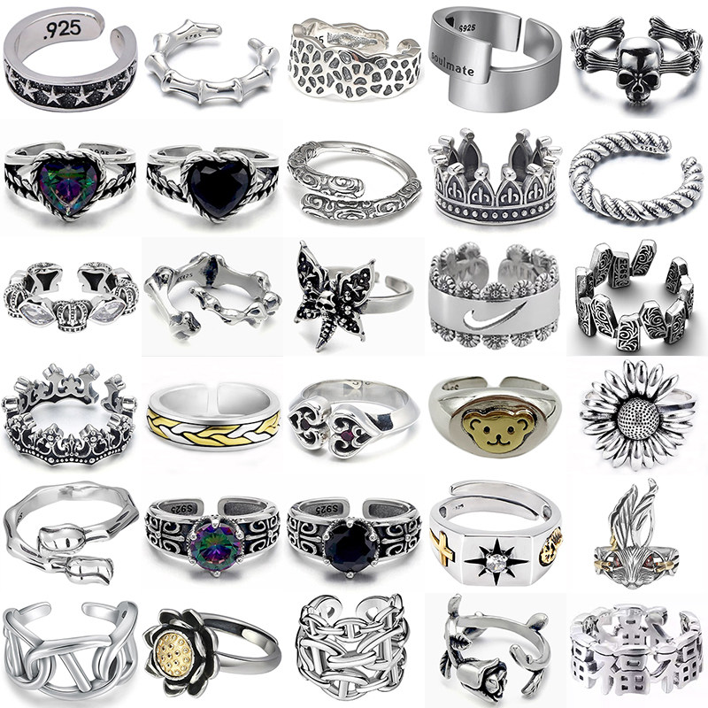 S925纯银猪鼻子玫瑰戒指女韩版时尚嘻哈开口指环叠戴个性食指戒潮