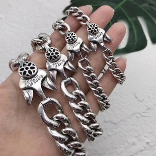 S925纯银复古重工实心樱花光面古巴手链粗款高级感嘻哈欧美银链男