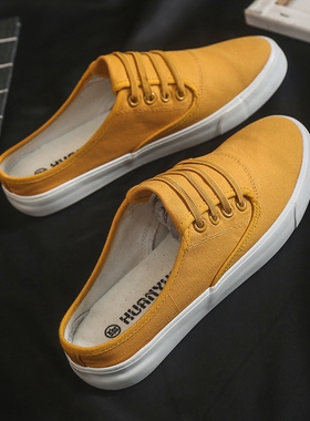 夏季半拖帆布鞋女大码41-43黄色ins网红布面拖鞋40软妹鞋白色透气