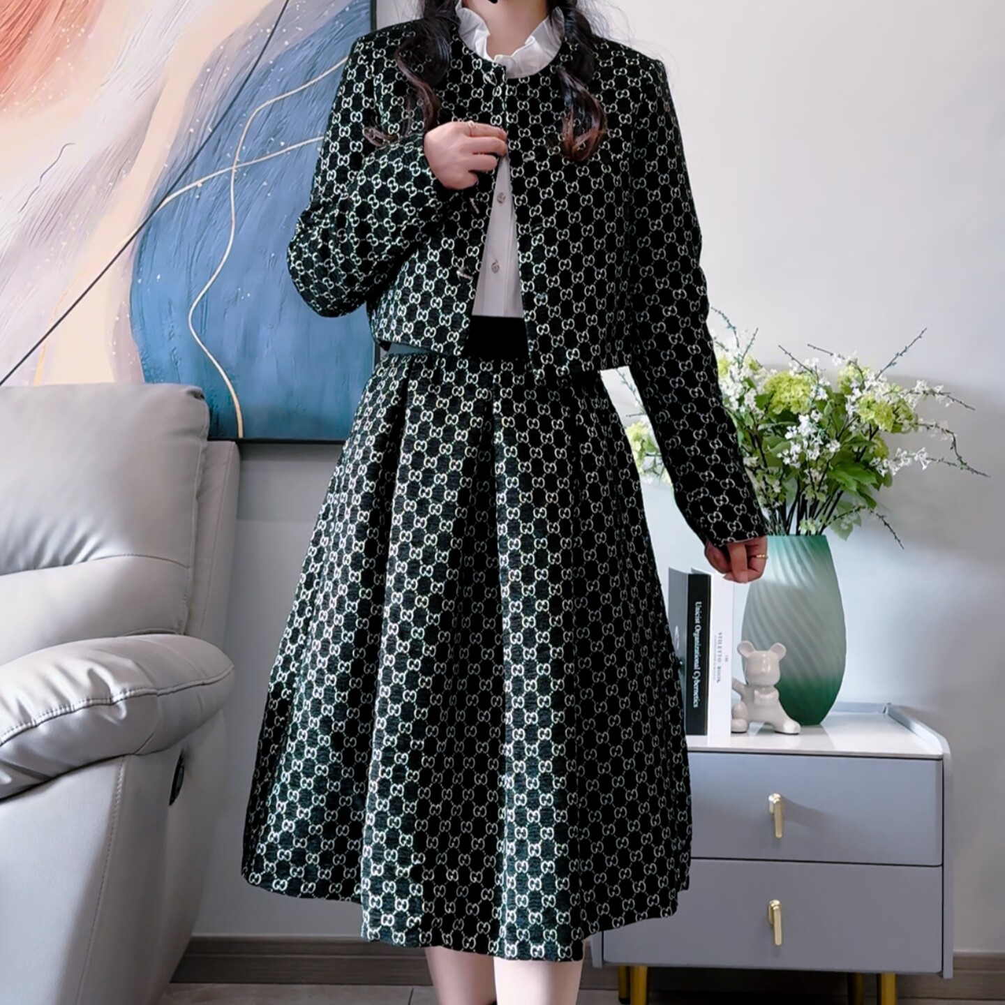 冬季新款高腰显瘦雪尼尔半身裙松紧百褶中长款蓬蓬裙时尚休闲套装