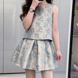 马甲高腰百褶蓬蓬裙清冷系温柔风两件套 女无袖 春夏新中式 提花套装