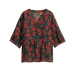 妮娜飘新中式复古盘扣苎麻上衣短款花色v领显瘦印花小衫优雅衬衣