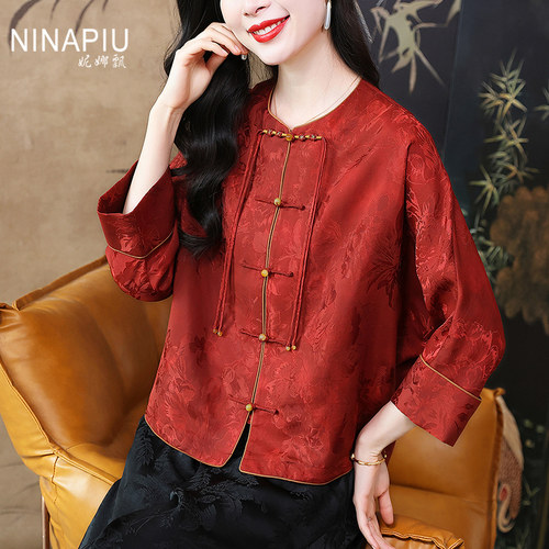 妮娜飘新中式复古香云纱真丝上衣