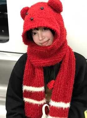 新款可爱小熊耳朵帽子围巾一体女秋冬季护耳针织帽红色保暖毛线帽