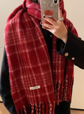 2026新款含羊毛复古红色格子围巾女韩版冬季高级感保暖流苏围脖男