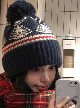 2025复古费尔岛风毛线帽子女冬季加厚保暖针织帽日系可爱护耳冷帽