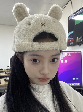 正反两戴棒球帽可爱兔子耳朵羊羔毛绒帽子女冬季保暖显脸小鸭舌帽