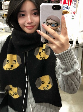 韩系可爱卡通小狗针织围巾女秋冬季保暖学生百搭防寒护颈毛线围脖
