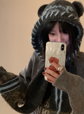 韩国新款围巾帽子一体可爱小熊耳朵毛线连帽冬季保暖护耳针织帽女