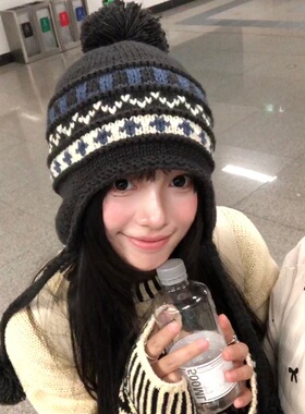 2026显脸小费尔岛针织帽女秋冬新款保暖加绒毛球毛线帽护耳雷锋帽