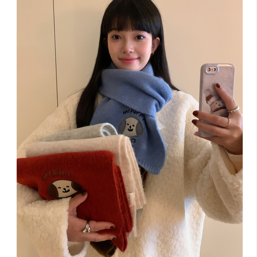 韩国含羊毛可爱小狗刺绣围巾女秋冬季学生保暖针织围脖韩版潮百搭