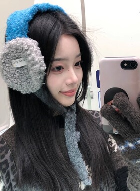 ins氛围感系带蓝色毛绒耳罩女韩系冬季防寒保暖防冻护耳耳包