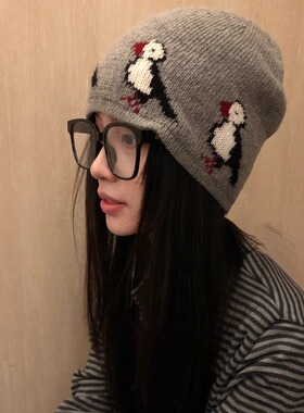 费尔岛企鹅针织帽女秋冬大头围显脸小毛线帽百搭保暖护耳包头冷帽