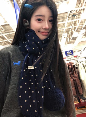 2025韩系波点毛球针织围巾女秋冬季新款保暖百搭护颈毛线围脖学生