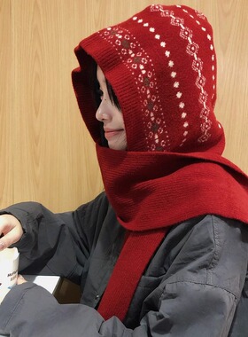 新款红色费尔岛提花拉法帽女冬季保暖针织帽子围巾一体护耳毛线帽