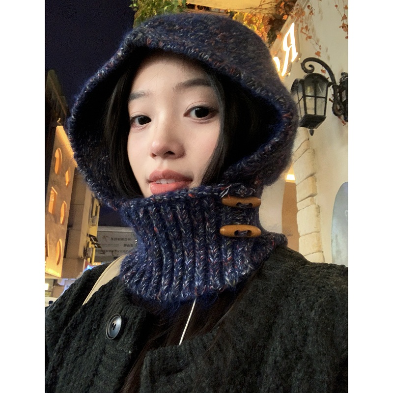 新款牛角扣针织毛线帽子围脖一体