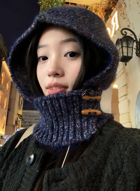 韩系牛角扣巴拉克拉法帽女秋冬大头围护耳毛线帽子围脖一体针织帽