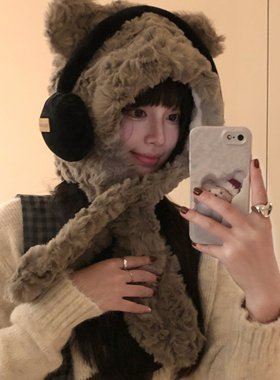 可爱小熊耳朵毛绒帽子围巾一体冬季骑车加厚保暖防寒护耳雷锋帽女