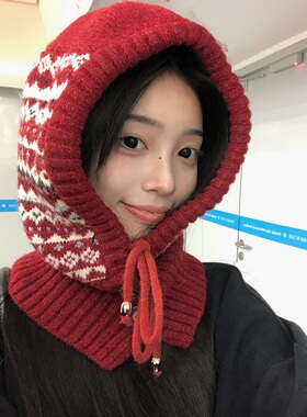 新款费尔岛红色巴拉克拉法帽女冬季保暖护耳针织帽大头围毛线帽子