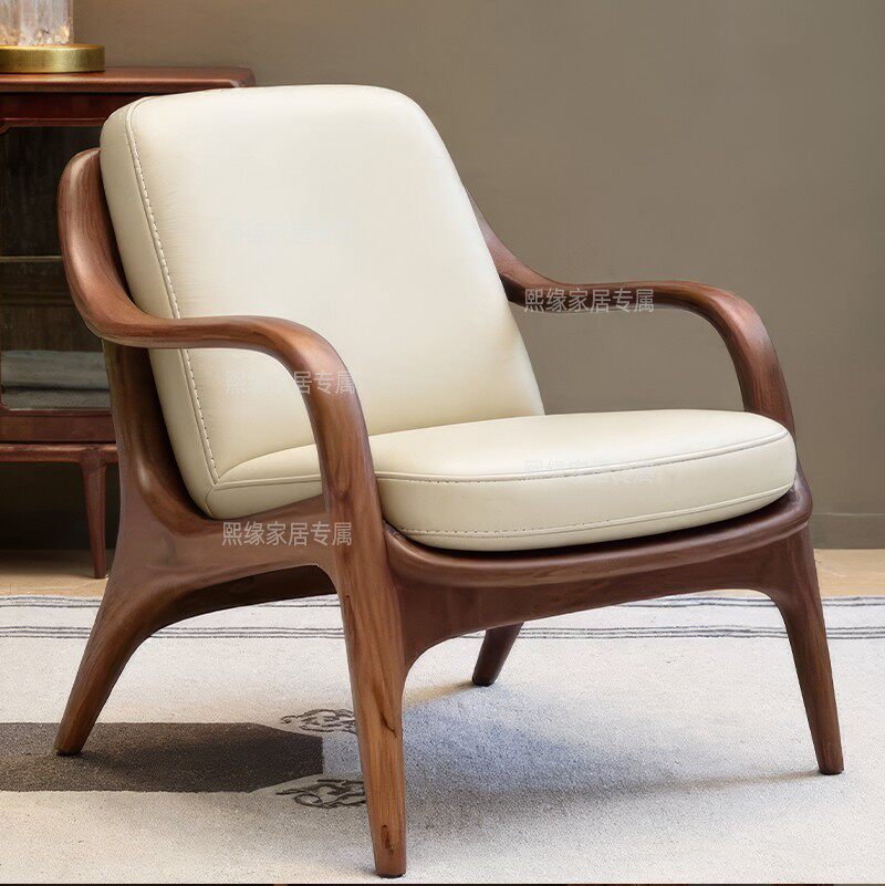 北美黑胡桃木真皮简约白软包靠背椅实木客厅新中式沙发椅休闲椅子