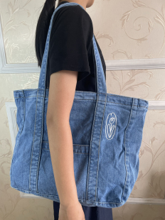 森系帆布手提包上班外出简约牛仔包通勤包学生书包购物袋妈妈包