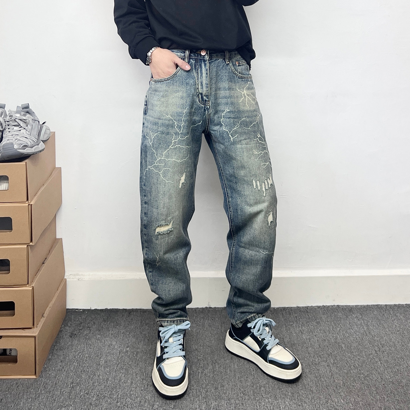 做旧破洞贴布印花牛仔裤男潮流修身锥形裤显瘦显腿长裤子男小脚裤,男装,牛仔裤,淘宝优惠券,粉丝福利购,淘宝优惠卷