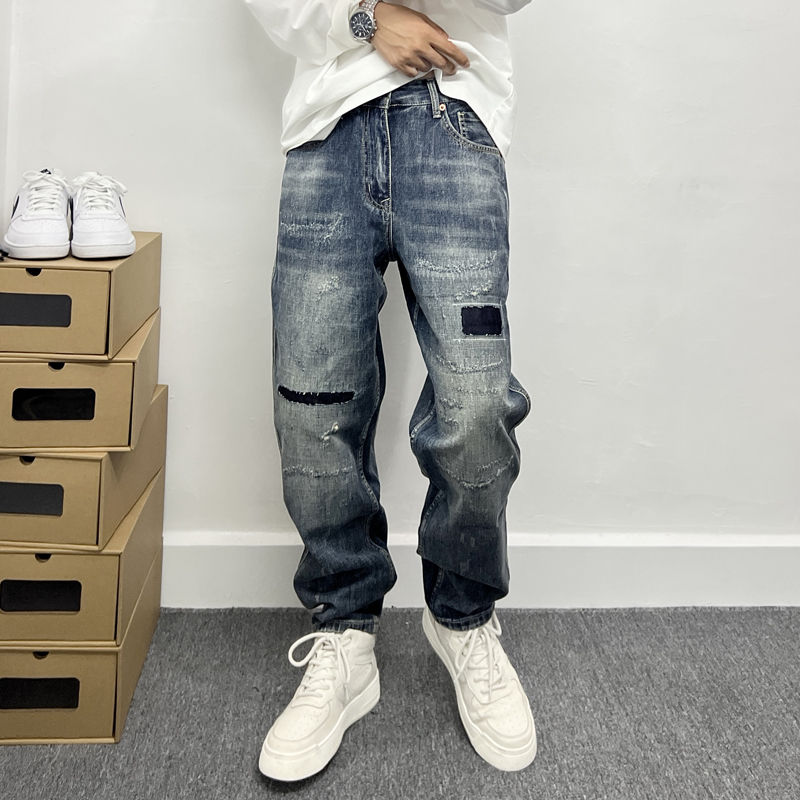 假破洞美式高街牛仔裤微垮