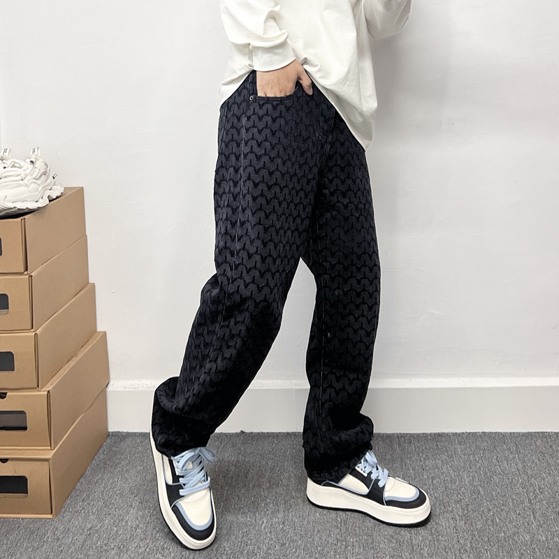 提花刺绣直筒美式高街牛仔长裤男