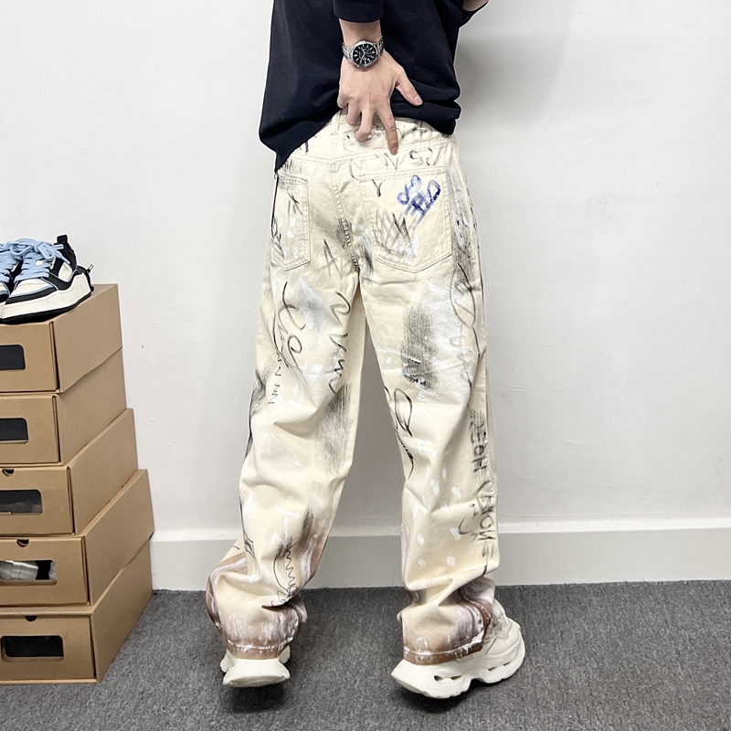 涂鸦米白色牛仔裤男潮牌阔腿长裤