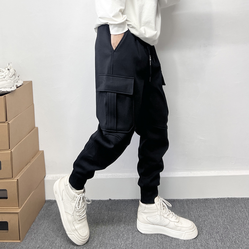 大口袋工装裤男士2024冬季加绒加厚斜纹料子休闲裤修身小脚锥形裤